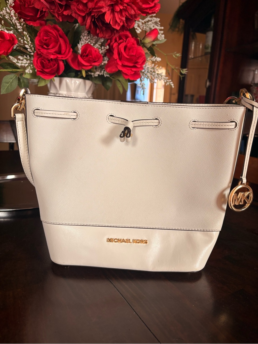 Michael Kors Cream Drawstring Tote Shoulder Bag with Gold Accents